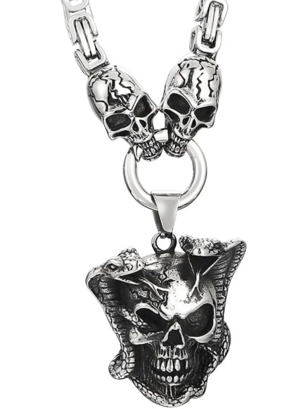 Gothic Skull Snake Pendant Necklace for Men & Women - Stainless Steel Cuban Link